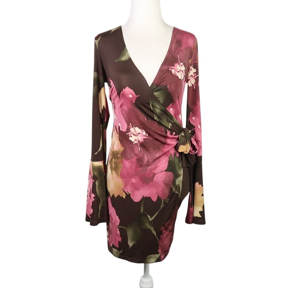 Vintage 90s brown and pink floral bodycon wrap mini dress S